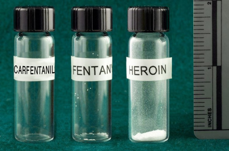 Trzy opisane fiolki obok linijki ze śmiertelnymi dawkami karfentanylu, fentanylu i heroiny, dwie pierwsze ledwo widoczne