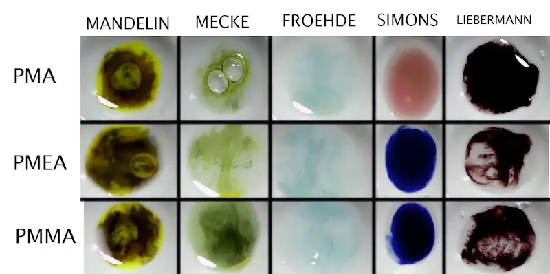 Testing PMA, PMEA and PMMA with reagent tests