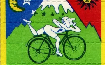 Grafika na blotterze LSD przedstawiająca przejażdżkę rowerową Alberta Hofmanna z 1943 roku