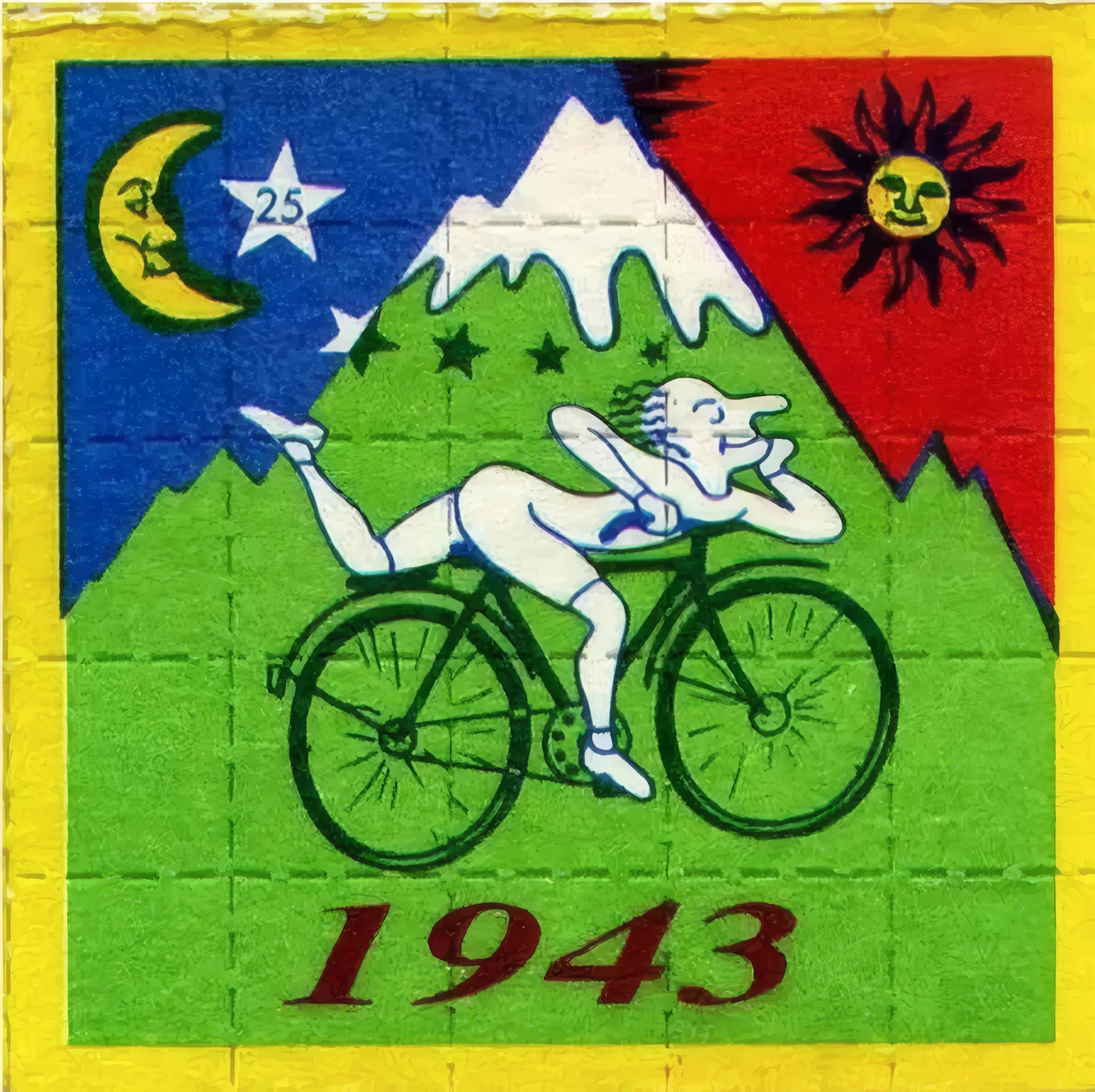 Grafika na blotterze LSD przedstawiająca przejażdżkę rowerową Alberta Hofmanna z 1943 roku